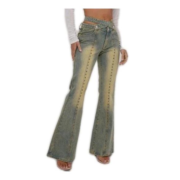 Ego Denim - ego strappy waisted studded detail flare jeans blue vintage Size 4 No Belt